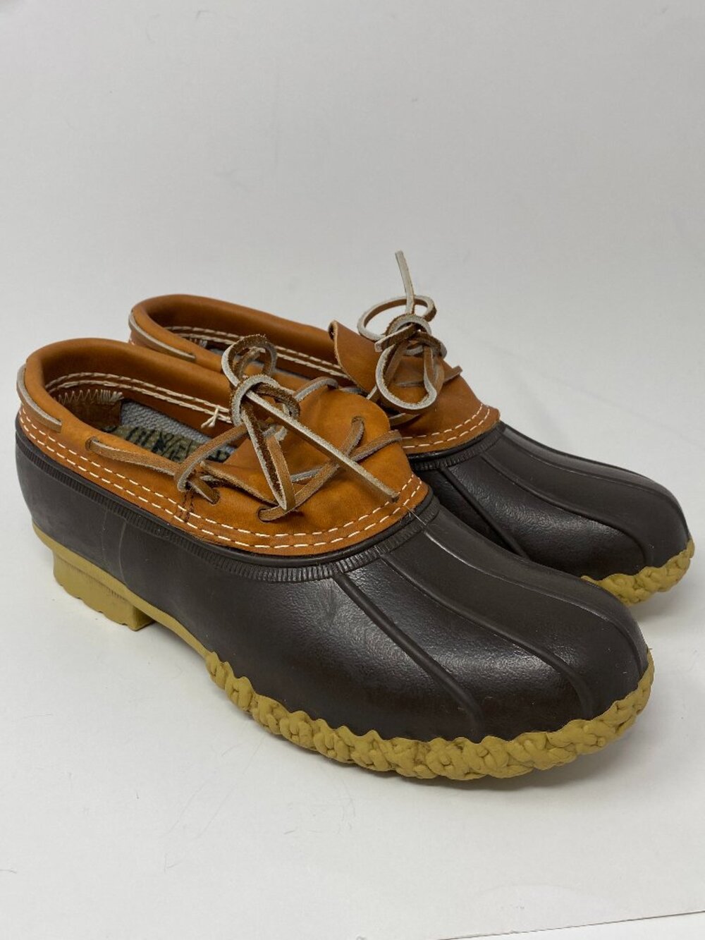 Vintage LL Bean Boots Duck Shoes Womens 9 M Brown Leather Rubber Low Moc Toe